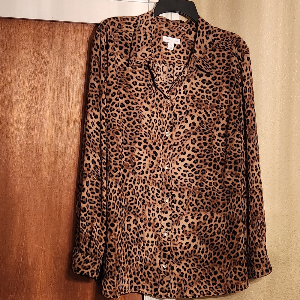 XXL Charter Club animal print button front shirt with rool tab sleeves like new - Picture 9 of 10
